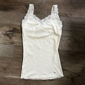 Y2K Abercrombie Kids White Ribbed Lace Trim Cami Tank Top Rhinestone Sz M (XS)